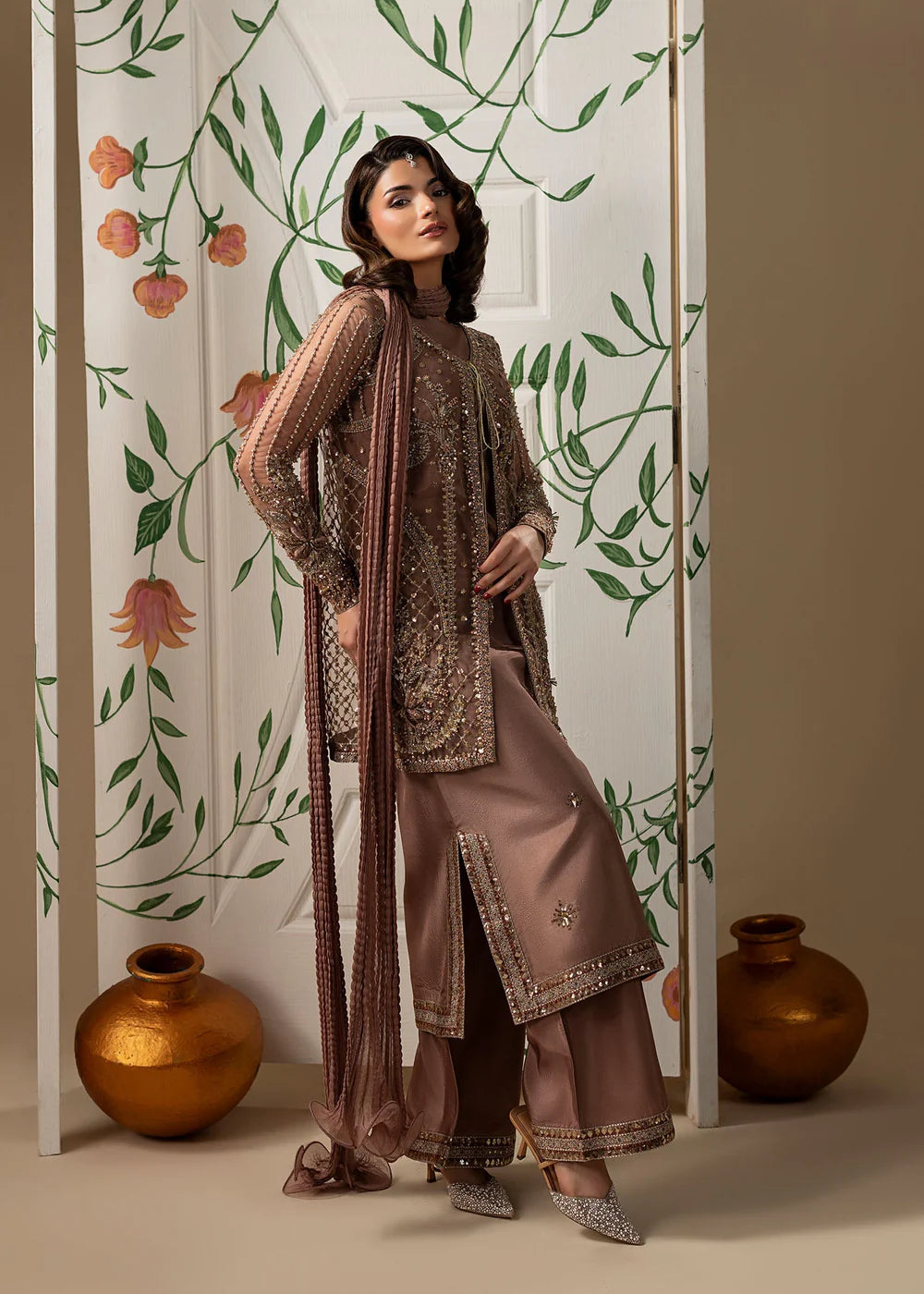 Hand Embellished Net Jacket Suit in Tea Rose Pink