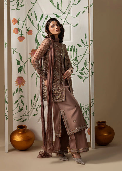 Hand Embellished Net Jacket Suit in Tea Rose Pink