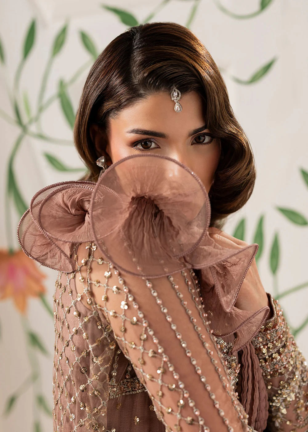 Hand Embellished Net Jacket Suit in Tea Rose Pink