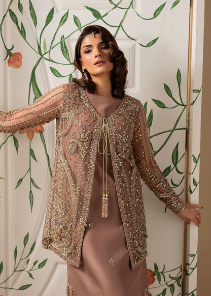 Hand Embellished Net Jacket Suit in Tea Rose Pink