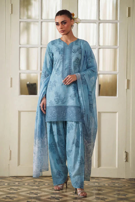 Sky Blue Embroidered Lawn Farshi Shalwar Suit
