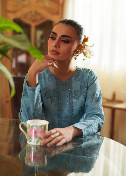 Sky Blue Embroidered Lawn Farshi Shalwar Suit