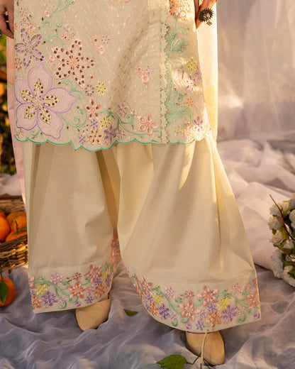 Pastel Yellow Pure Cotton Embroidered Suit with Cutwork Details
