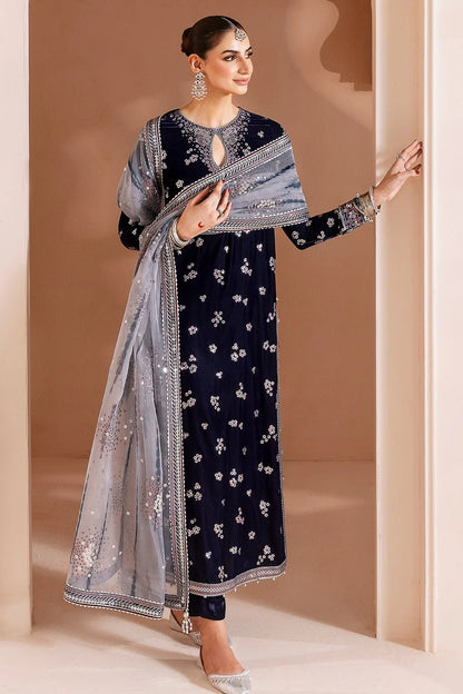 Navy Blue Sequins Embroidered Velvet Suit with Contrasting Dupatta