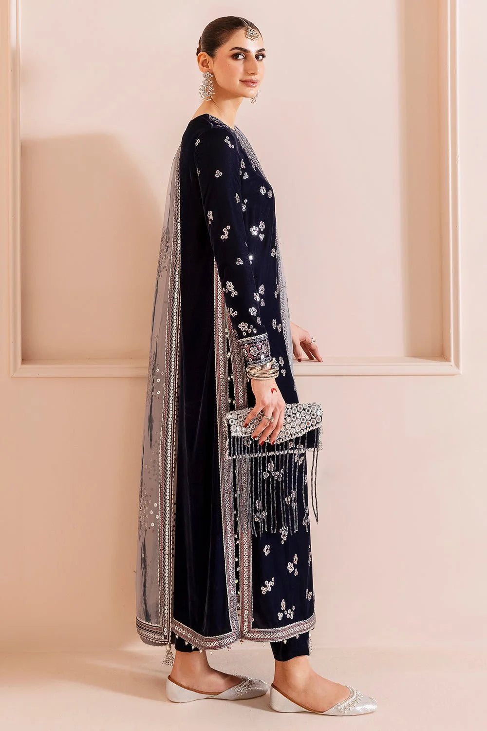 Navy Blue Sequins Embroidered Velvet Suit with Contrasting Dupatta
