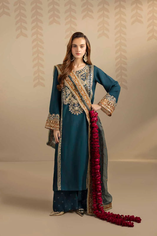 Elegant Saphire Embellished Raw Silk Partywear Suit