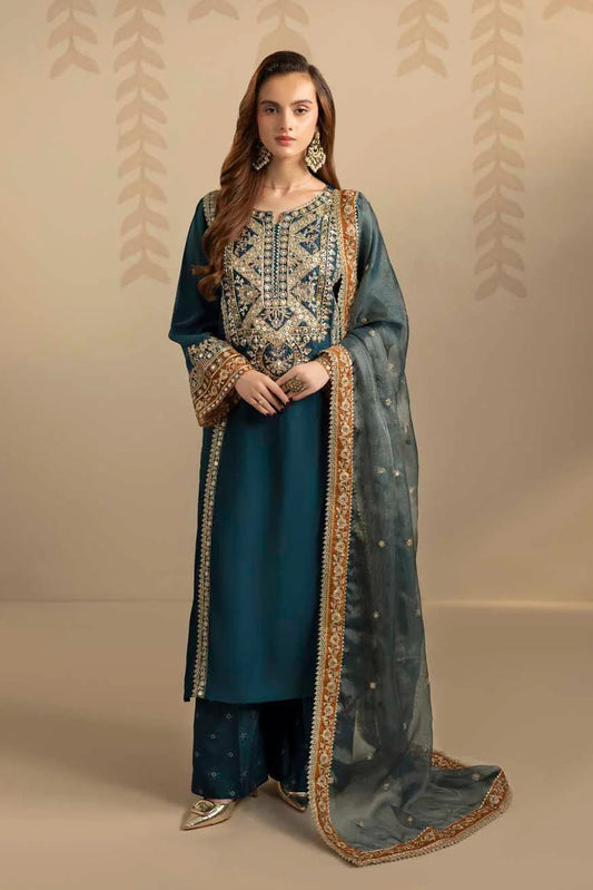 Elegant Saphire Embellished Raw Silk Partywear Suit