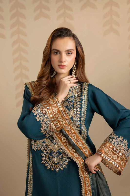 Elegant Saphire Embellished Raw Silk Partywear Suit