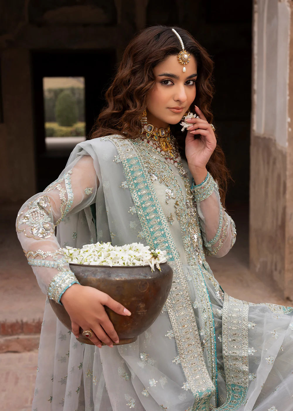 Ice Blue Heavy Embellished A-Line Maxi