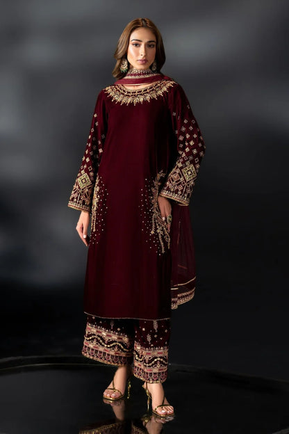 Maroon Sequins Embroidered Velvet Suit