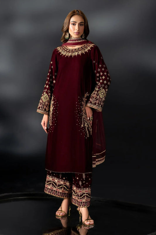 Maroon Sequins Embroidered Velvet Suit