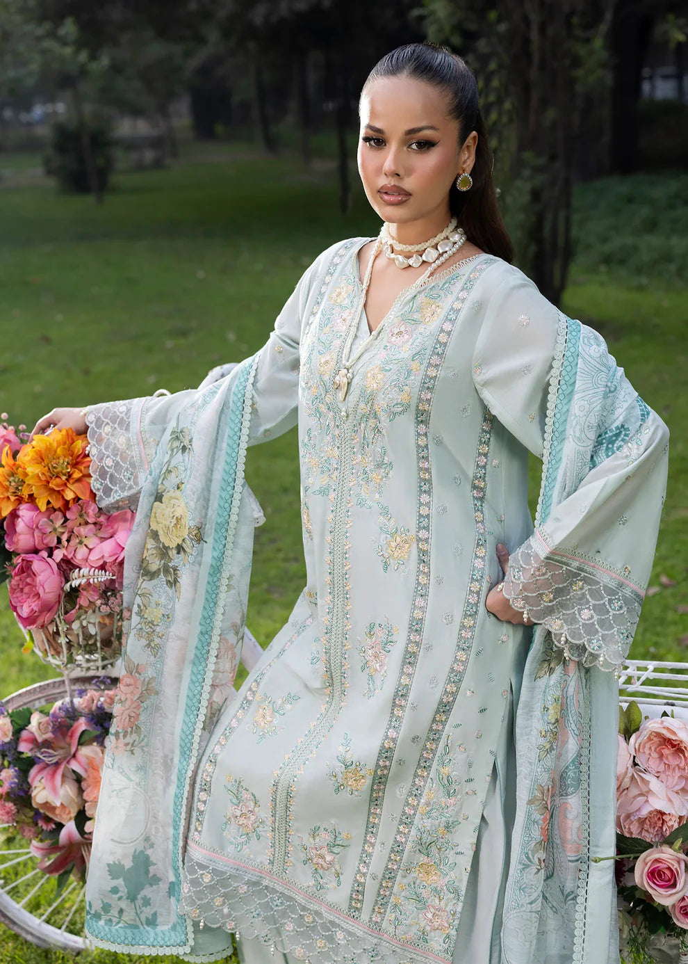 Mint Lawn Suit with Patchwork Embroidery