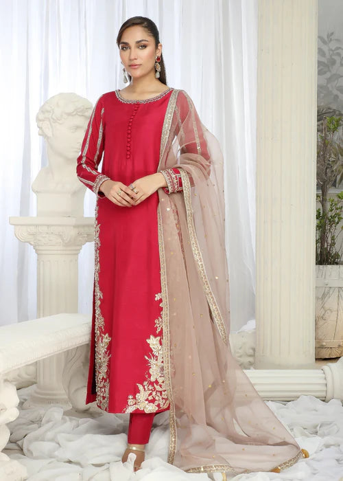 Fuchsia Hand Embellished Korean Raw Silk Suit