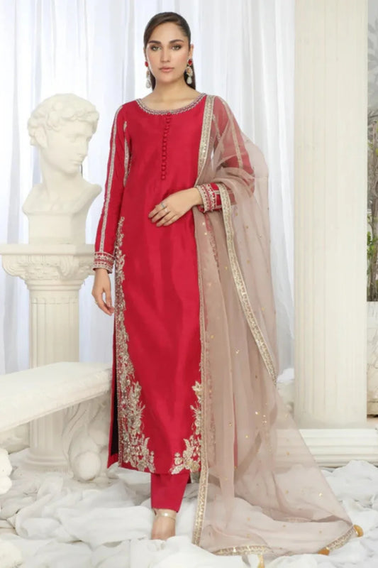 Fuchsia Hand Embellished Korean Raw Silk Suit