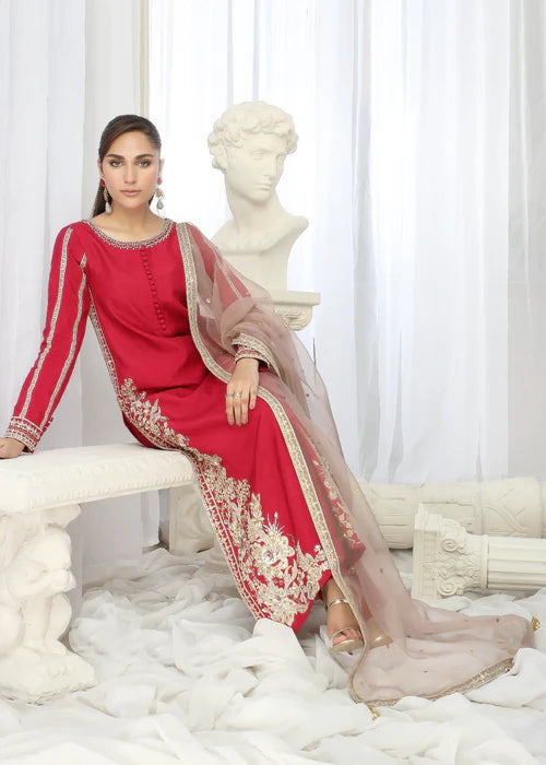 Fuchsia Hand Embellished Korean Raw Silk Suit