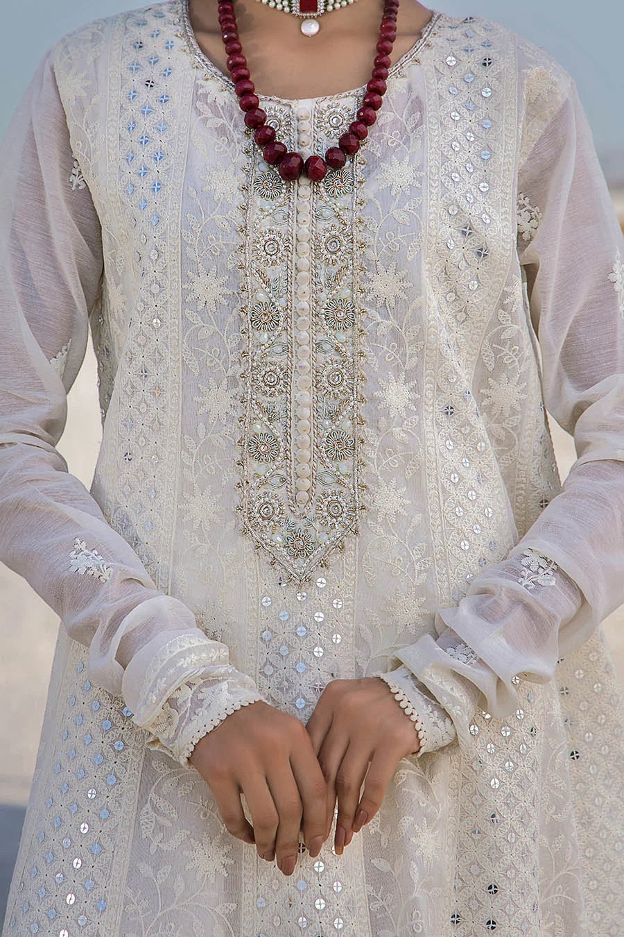 Hand Embroidered Swiss Lawn Off White Maxi