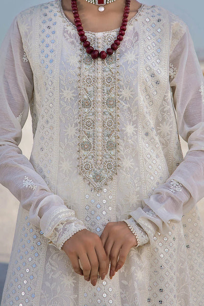 Hand Embroidered Swiss Lawn Off White Maxi