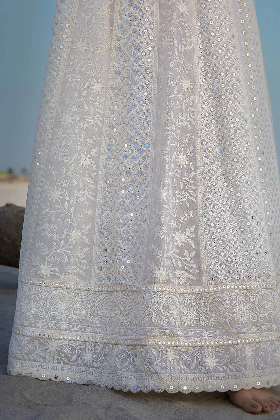 Hand Embroidered Swiss Lawn Off White Maxi