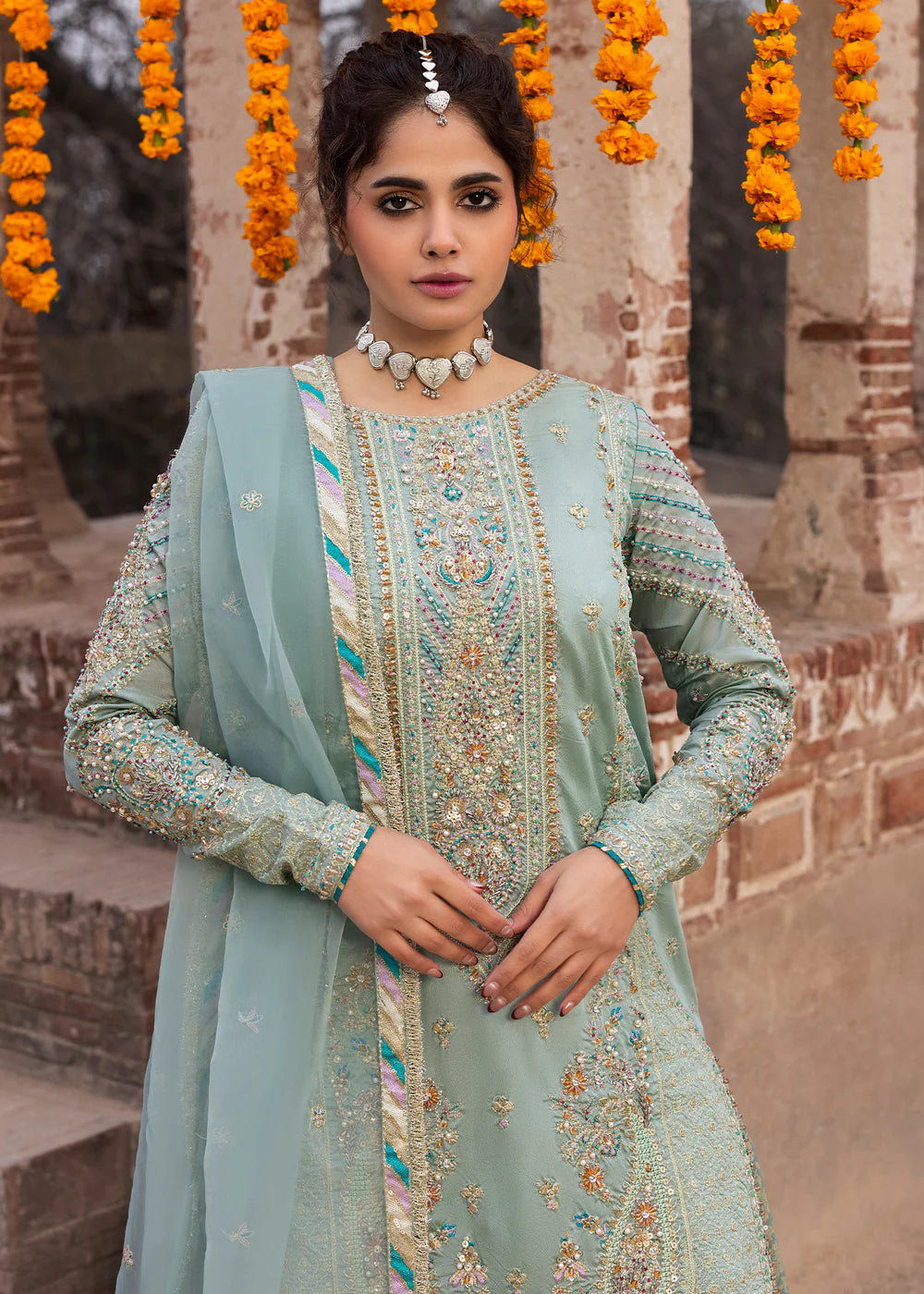 Light Cyan Embellished Silk Jamawar Sharara