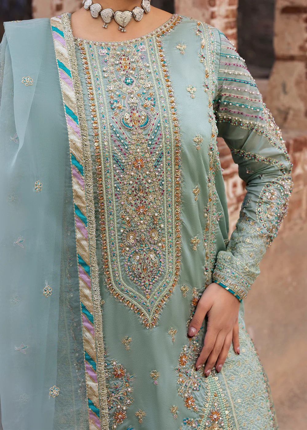 Light Cyan Embellished Silk Jamawar Sharara