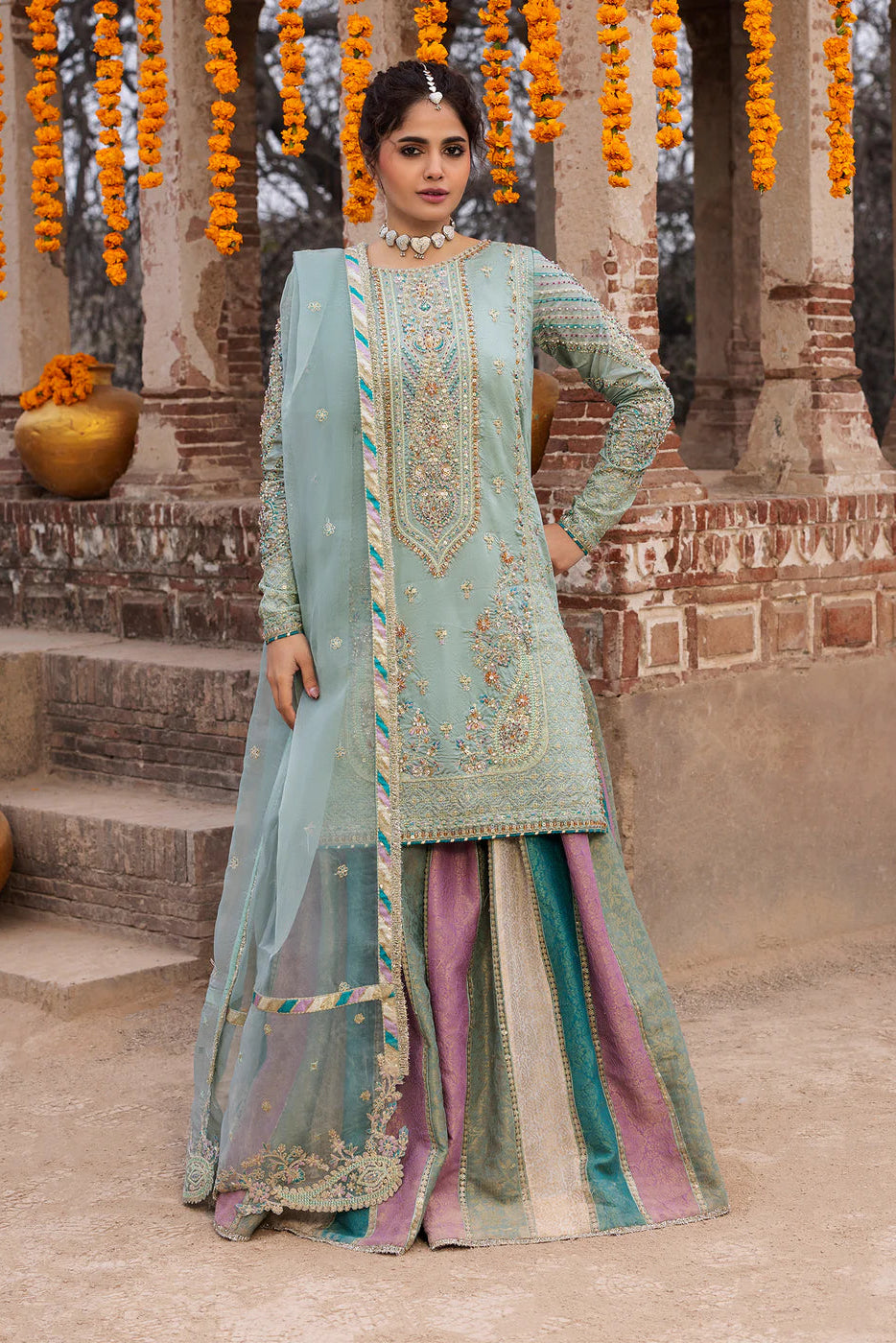 Light Cyan Embellished Silk Jamawar Sharara
