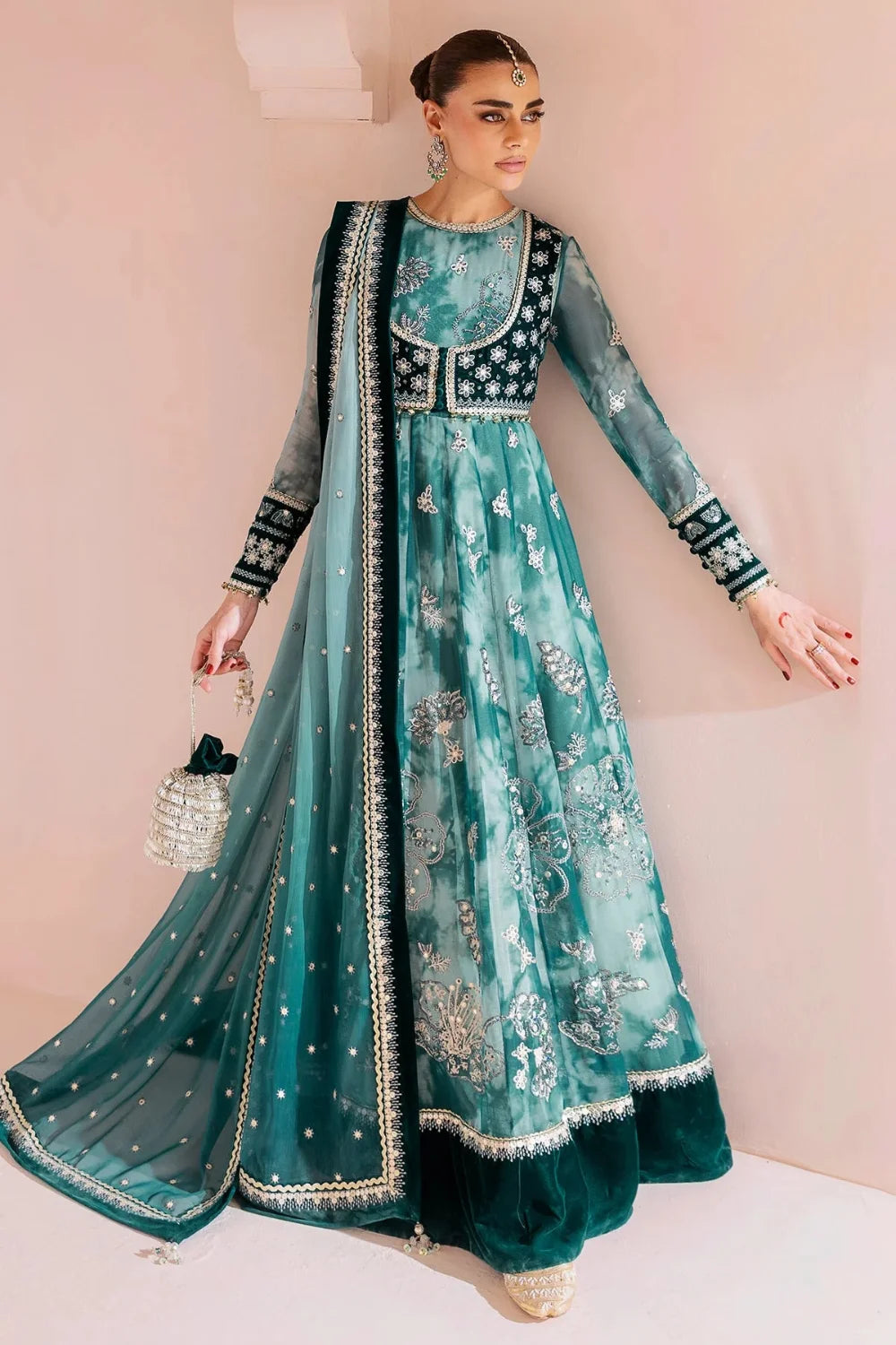 Velvet Jacket Style Sky Blue Lehenga Choli / Anarkali Maxi
