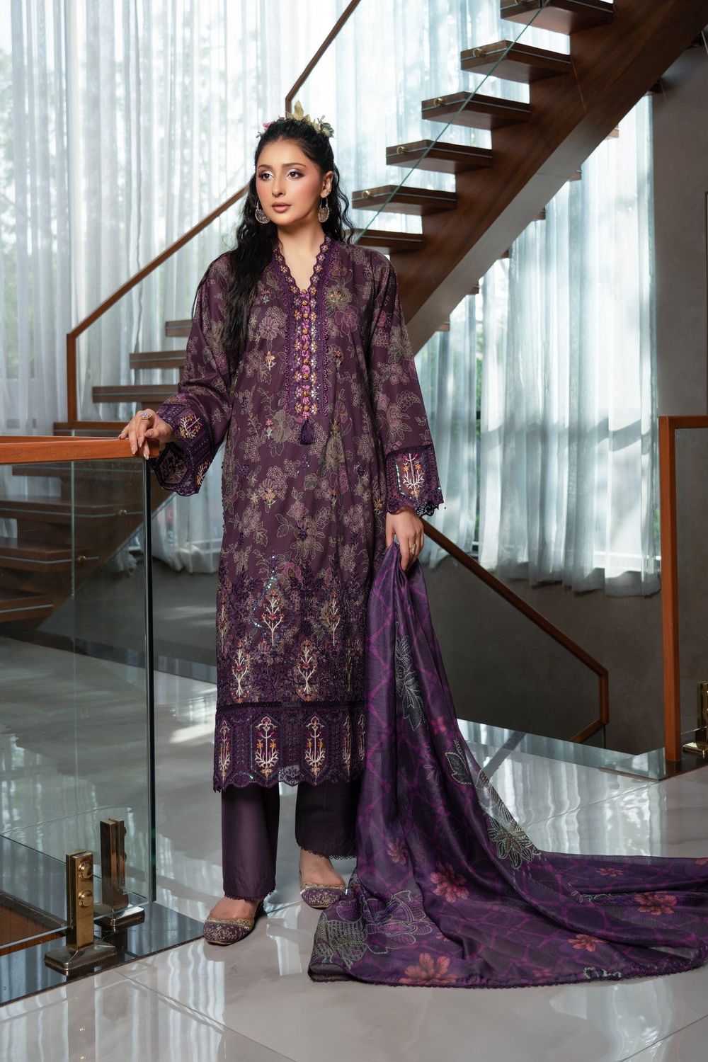 Violet Digital Printed Lawn Patchwork Suit Online in Dubai UAE Abudhabi Ajman Sharjah