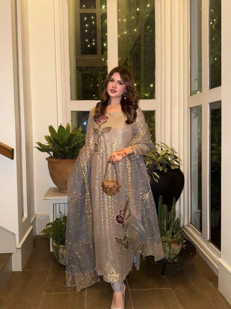 Grey Sequins Embroidered Viral Partywear Suit