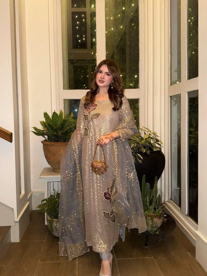 Grey Sequins Embroidered Viral Partywear Suit