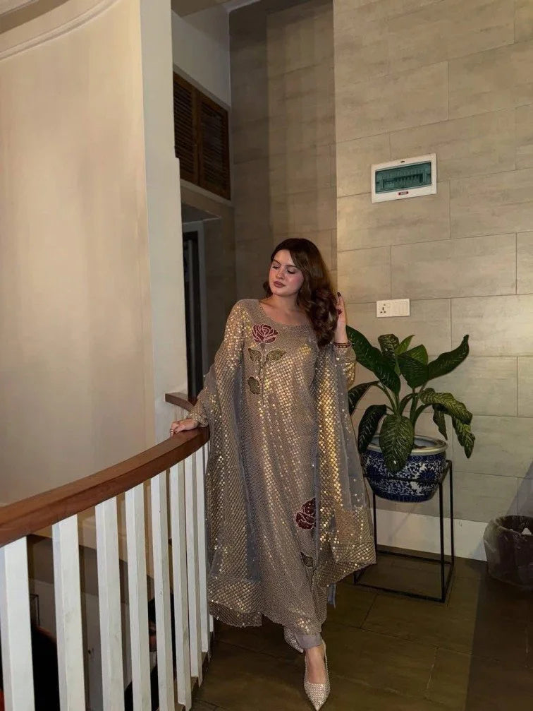 Grey Sequins Embroidered Viral Partywear Suit