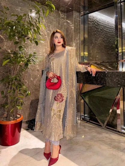 Grey Sequins Embroidered Viral Partywear Suit