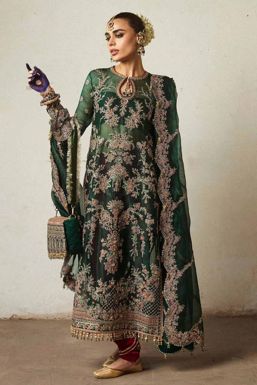 Handmade Bottle Green Soft Organza Suit