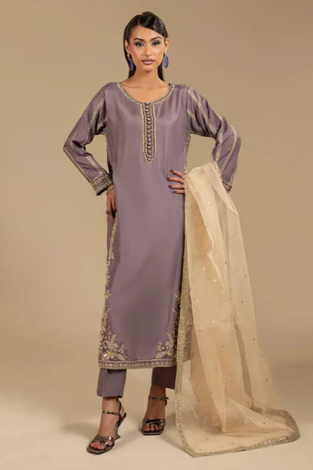 Lilac Hand Embellished Korean Raw Silk Suit