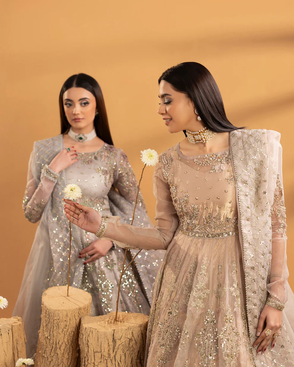 Powder Pink Embellished Organza Maxi