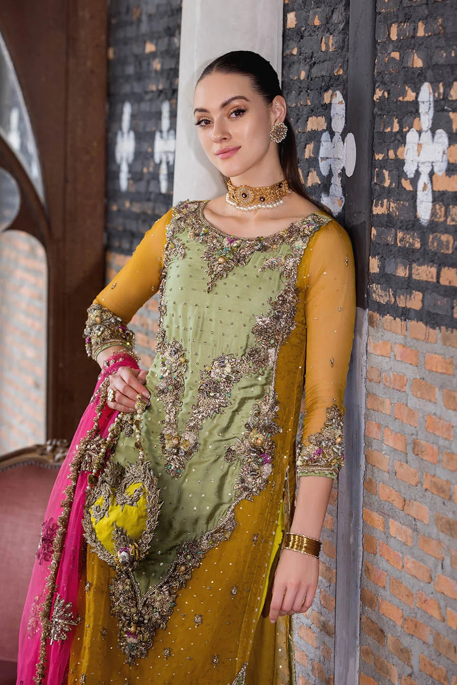 Hand Embroidered Mustard Yellow Pure organza Suit