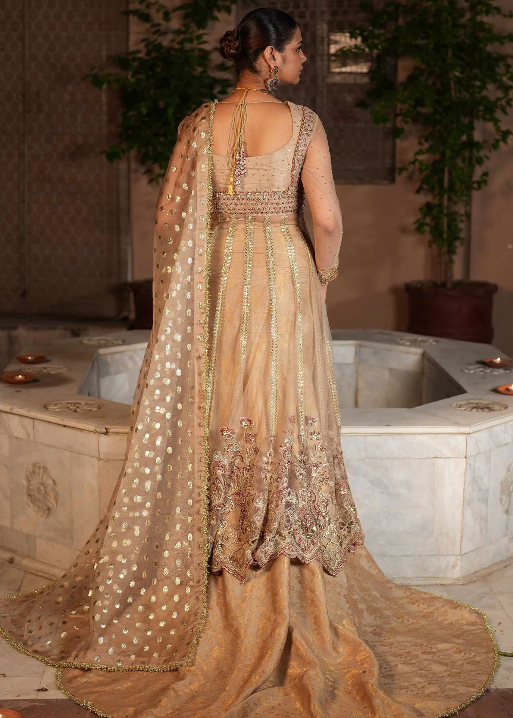 Beige Embellished Maxi with Jamawar Trail Lehenga