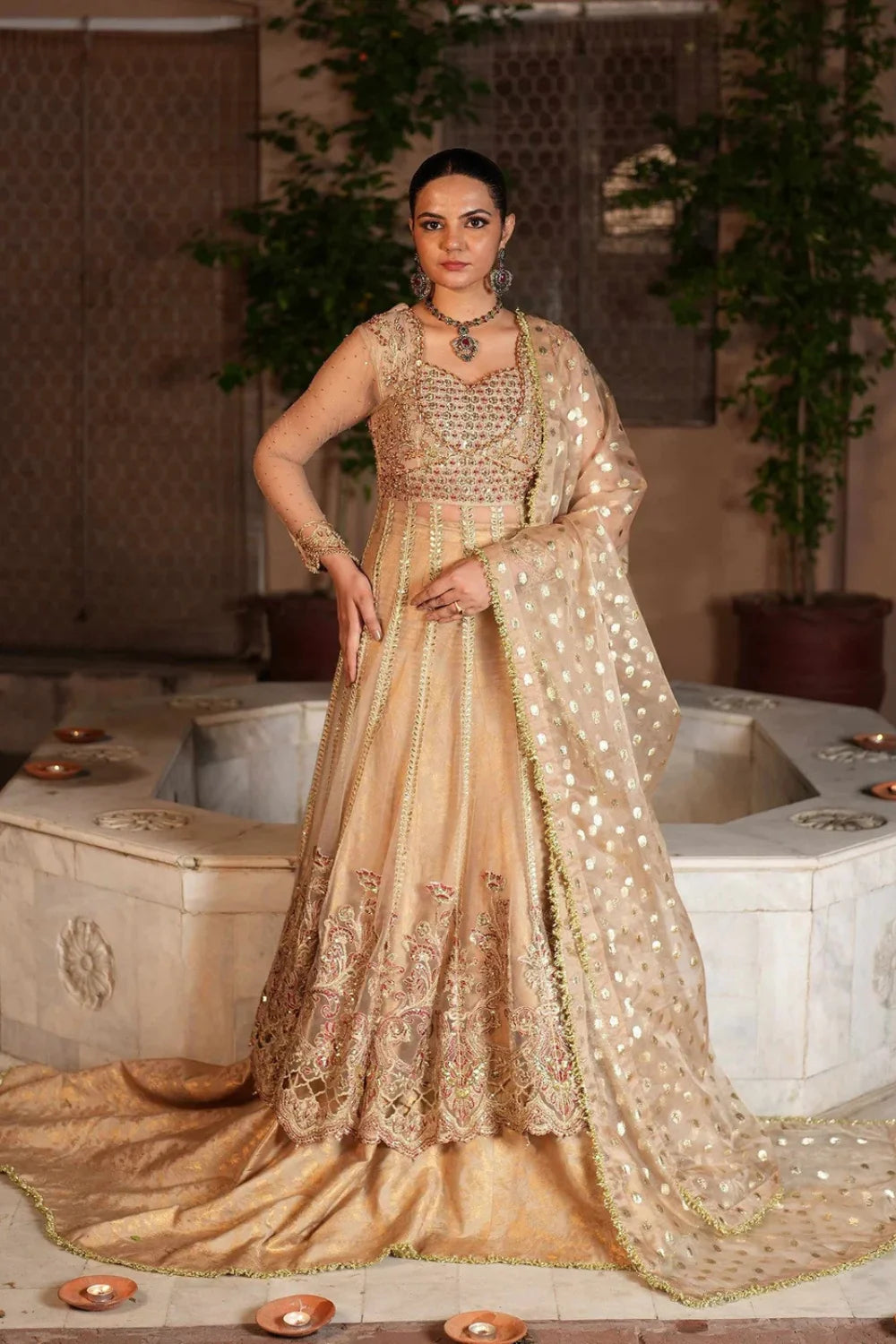 Beige Embellished Maxi with Jamawar Trail Lehenga