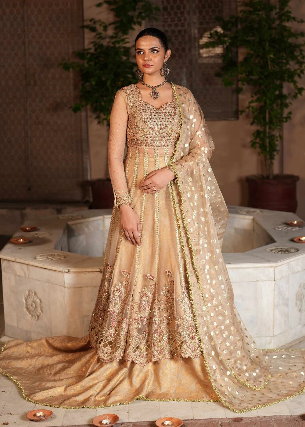 Beige Embellished Maxi with Jamawar Trail Lehenga
