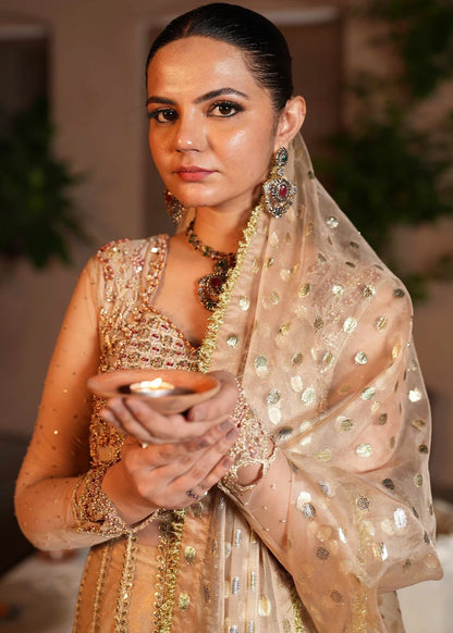 Beige Embellished Maxi with Jamawar Trail Lehenga