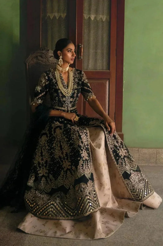 Semi Stitched Black Handmade Anarkali Peshwas