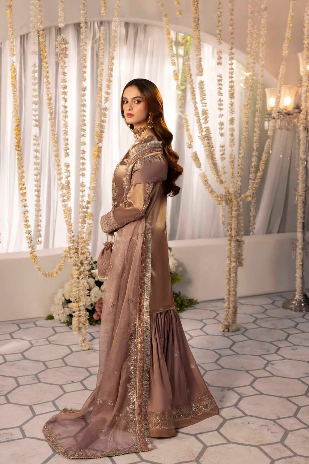 Rose Gold Gold Pure Maysuri Hand Embellished Flared Gharara