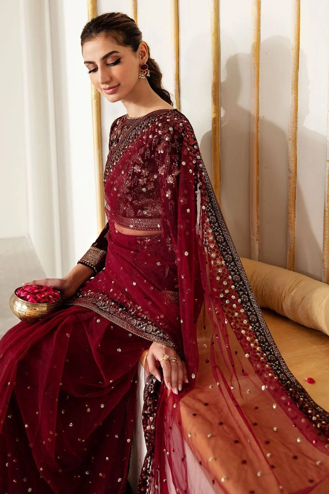 Maroon Wedding Saree with Velvet Blouse