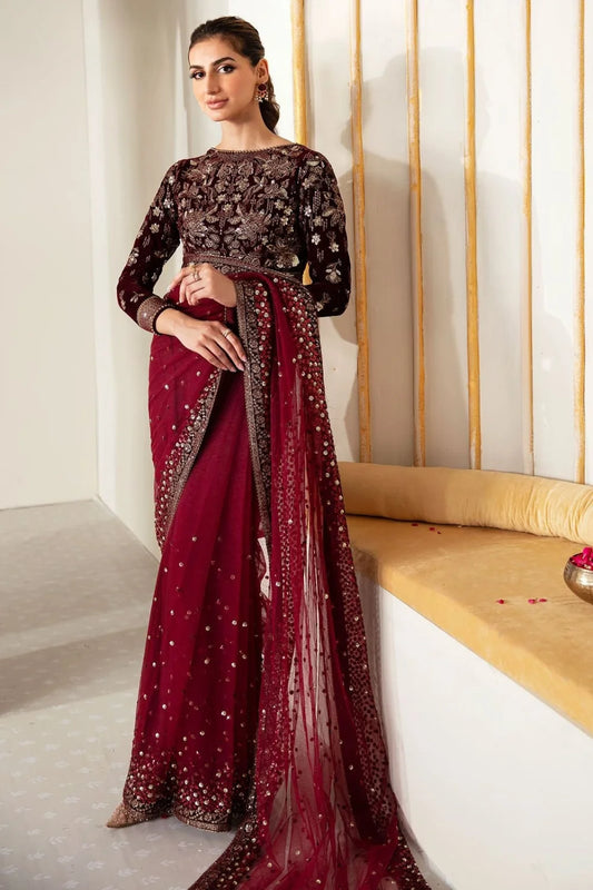 Maroon Wedding Saree with Velvet Blouse