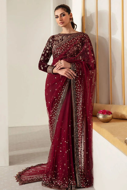 Maroon Wedding Saree with Velvet Blouse