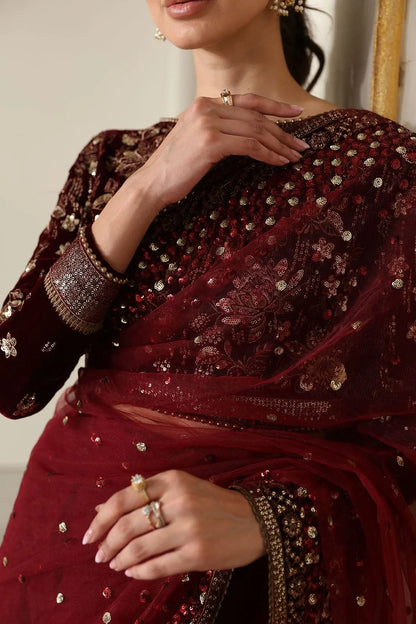 Maroon Wedding Saree with Velvet Blouse