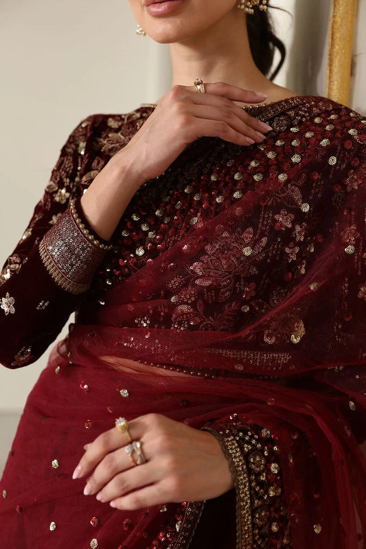 Maroon Wedding Saree with Velvet Blouse