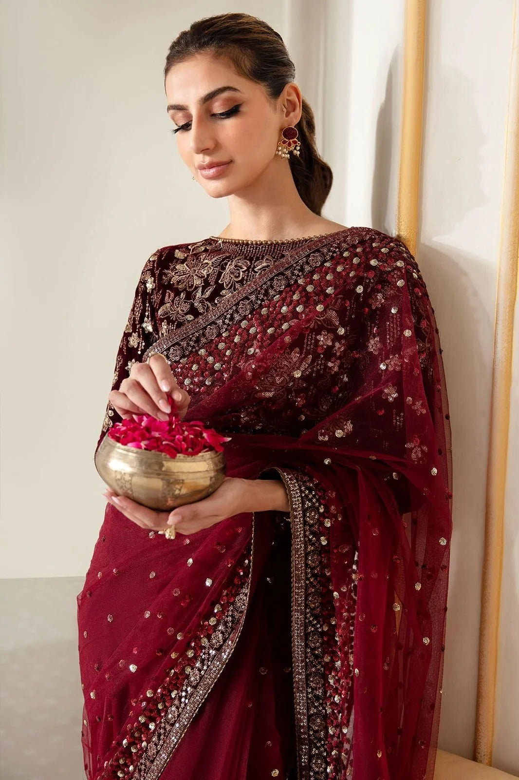Maroon Wedding Saree with Velvet Blouse