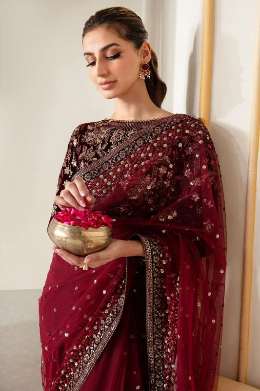 Maroon Wedding Saree with Velvet Blouse