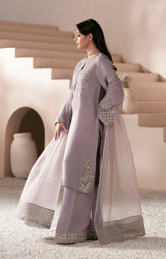 Light Purple Shima Silk Suit with Handmade Laces
