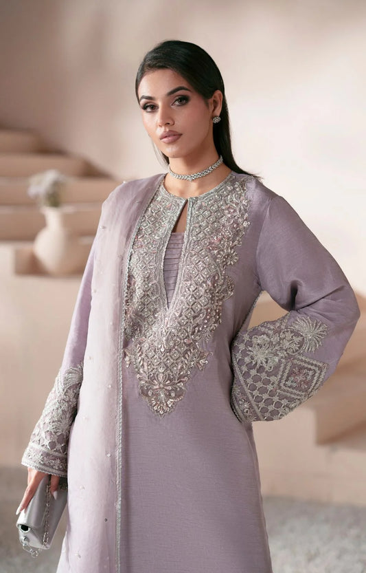 Light Purple Shima Silk Suit with Handmade Laces
